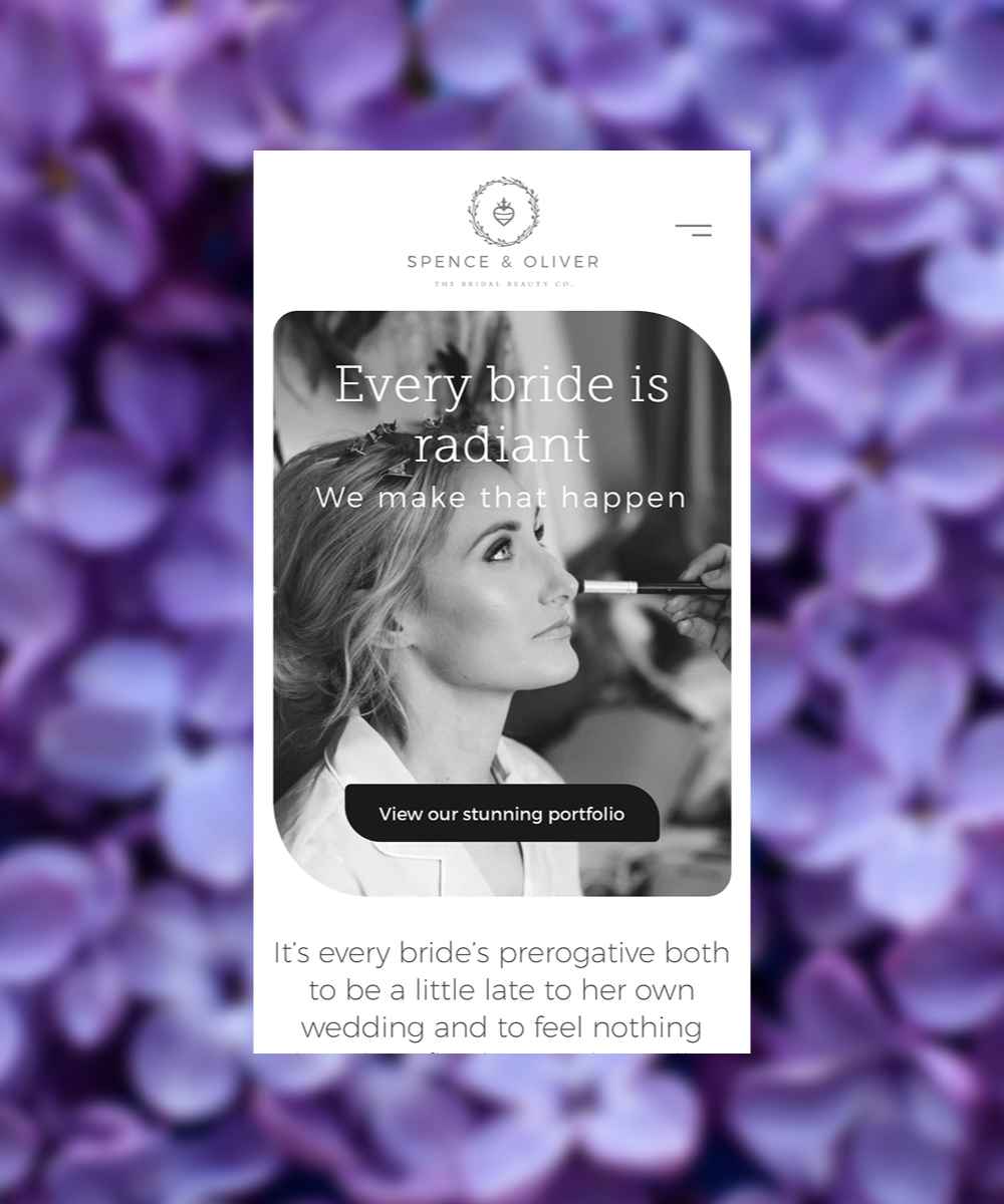 Black and white photo of a bride having makeup applied, with text about brides being radiant.