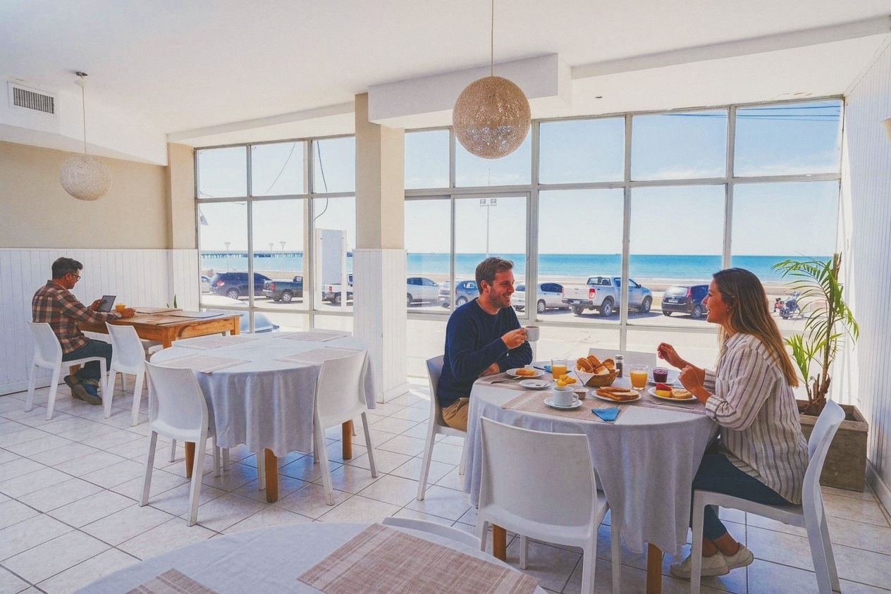 Desayunador del Rayentray Hostal con vista a la playa de Puerto Madryn