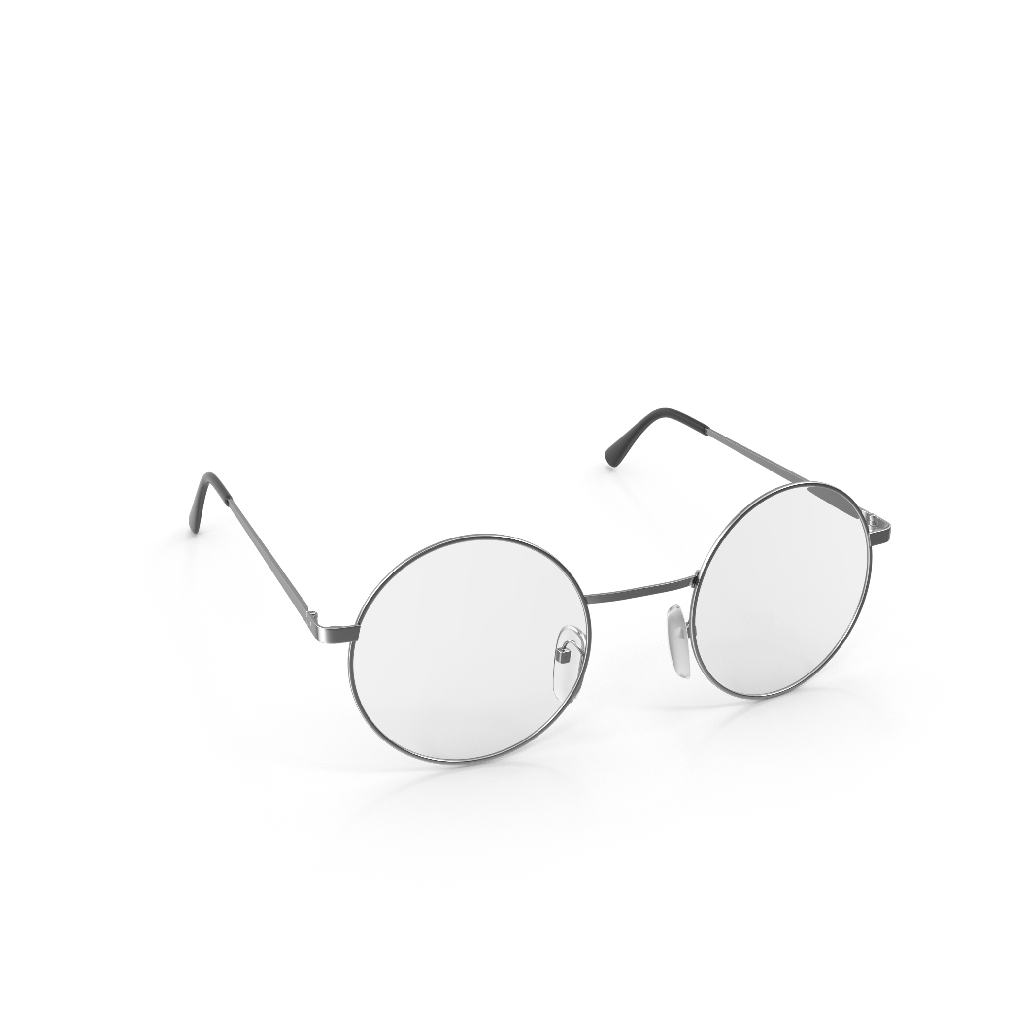 Round silver metal eyeglasses with clear lenses on white background