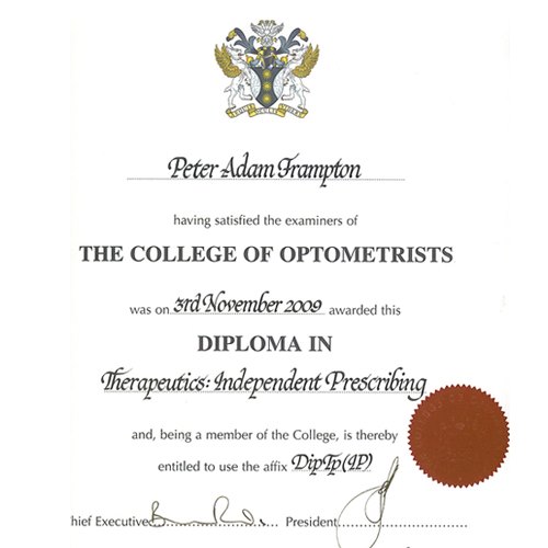 Optometry diploma for Peter Adam Frampton in Therapeutics: Independent Prescribing