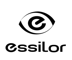 Essilor logo with stylized eye and company name in black and white