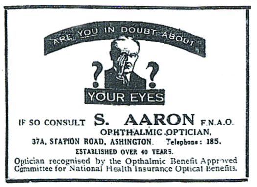 Vintage eye doctor advertisement with questioning figure and optician details