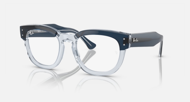 Ray-Ban transparent and dark blue square eyeglasses on white background