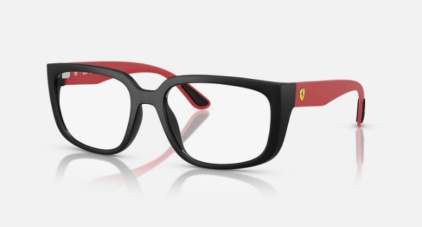 Black and red Ferrari eyeglasses with clear lenses on white background