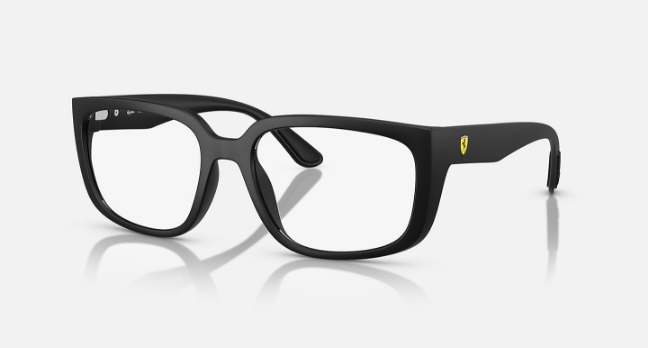 Black square eyeglasses with Ferrari logo on temple arm