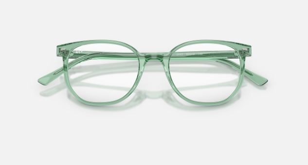 Translucent mint green round eyeglasses on white background