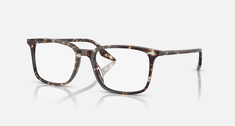 Tortoiseshell square-framed Ray-Ban eyeglasses on a white background