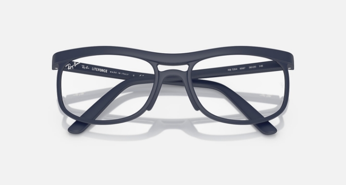 Black Ray-Ban eyeglasses with rectangular frames on white background