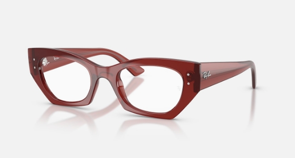 Red Ray-Ban cat-eye prescription glasses on white background