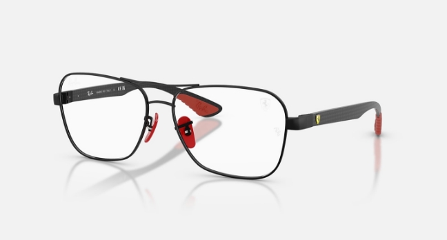 Black and red Ray-Ban aviator-style eyeglasses on white background