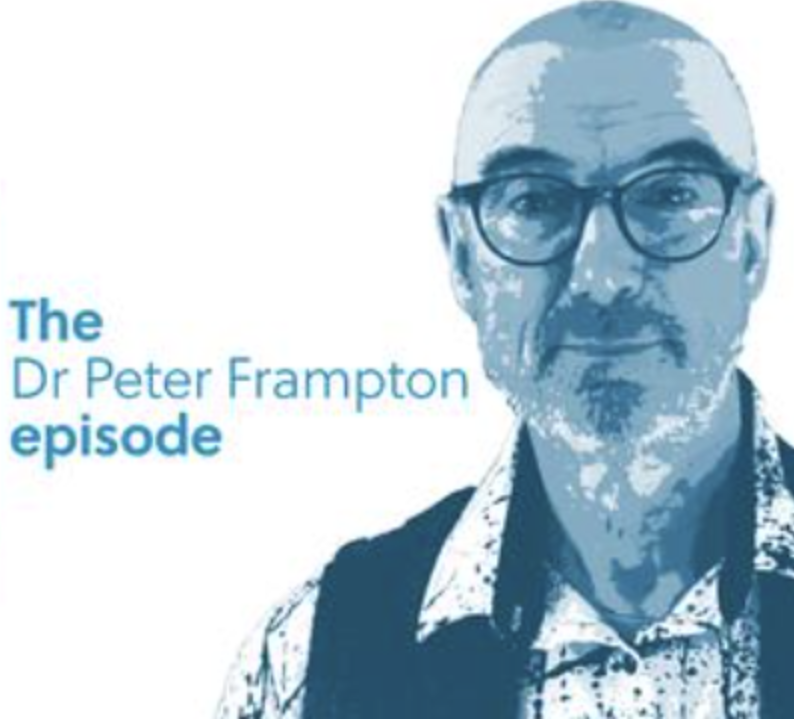 Podcast episode graphic featuring a monochrome portrait of a man with glasses