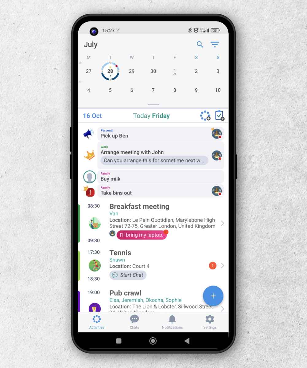 WannaJoin Android app screens showing tasks, chat, and calendar features