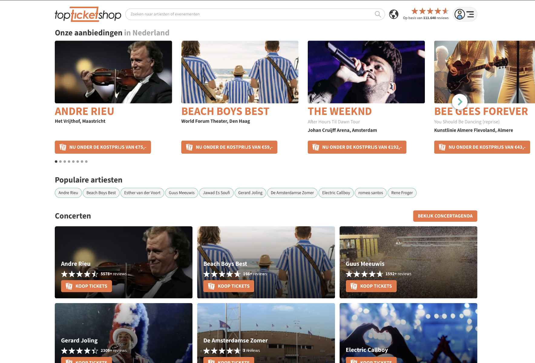 TopTicketShop website homepage with concert ticket offers