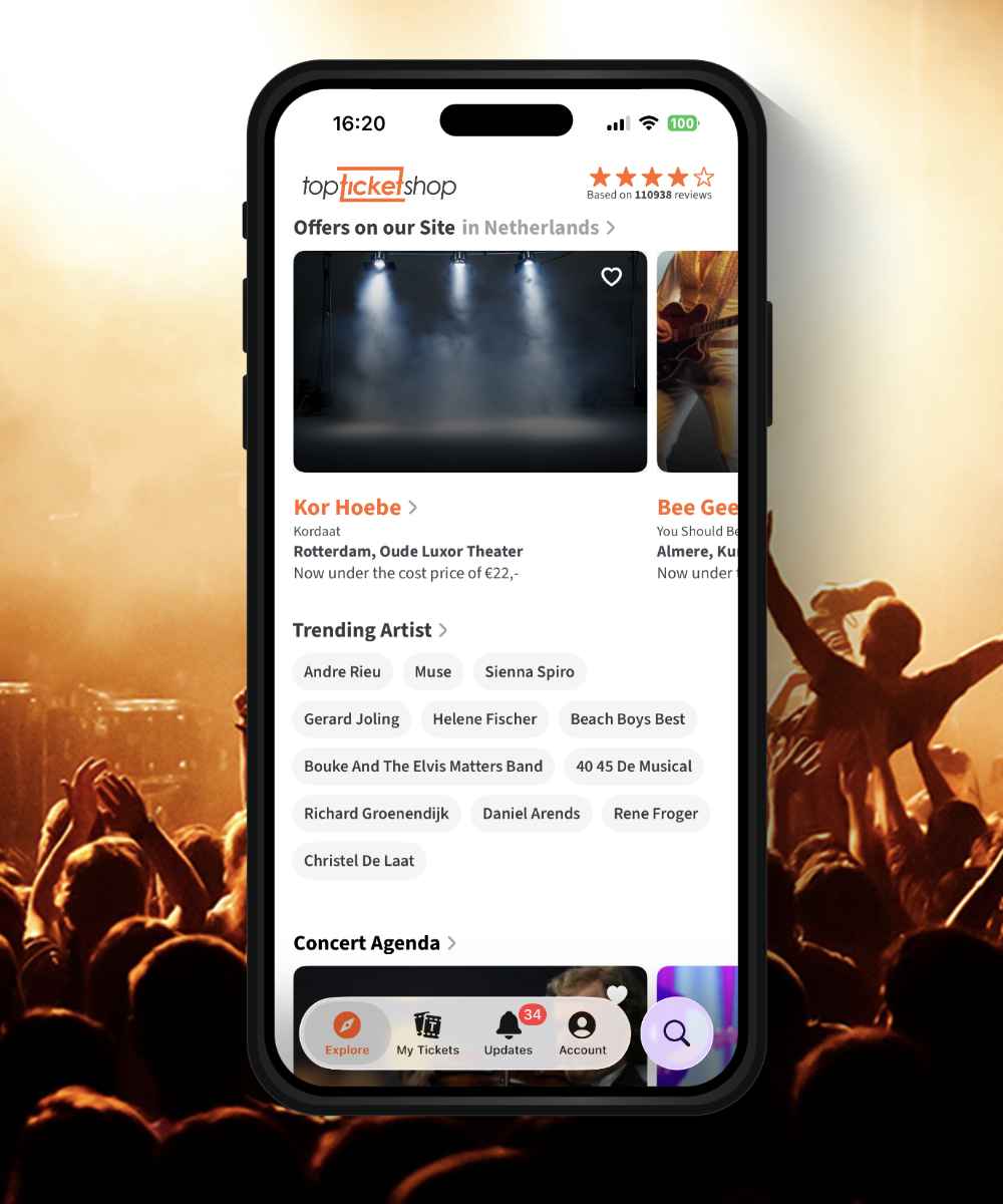TopTicketShop iOS app showing concert ticket offers