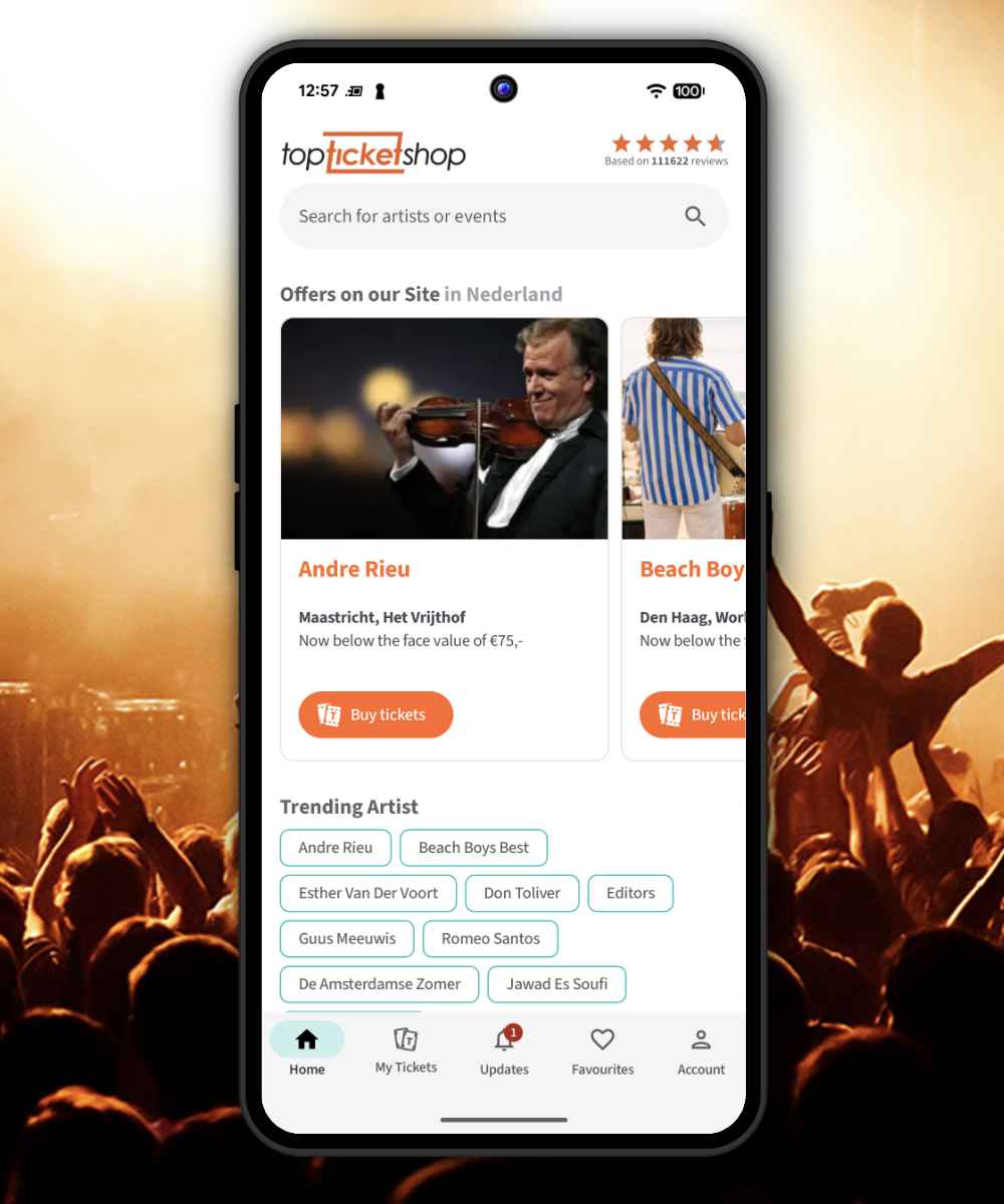 TopTicketShop Android app showing concert ticket offers