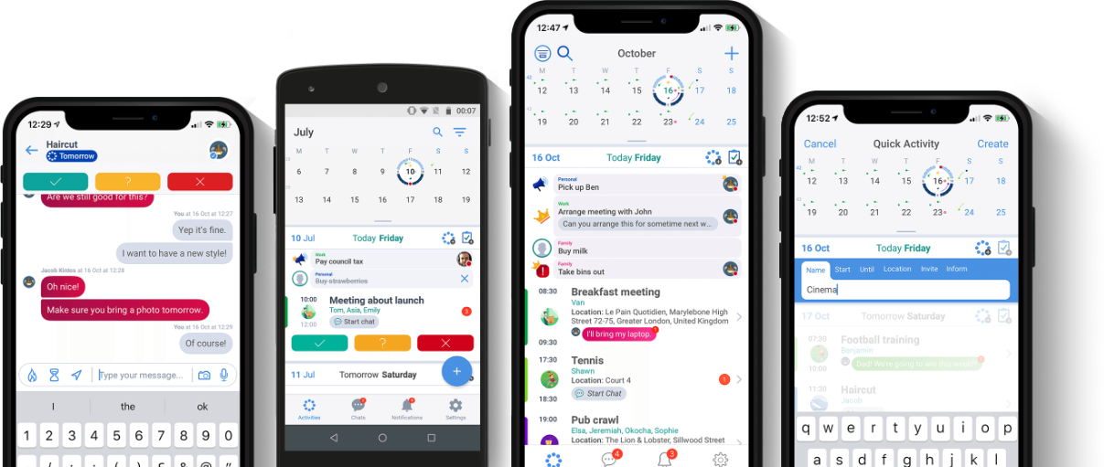WannaJoin app screens showing tasks, chat, and calendar features