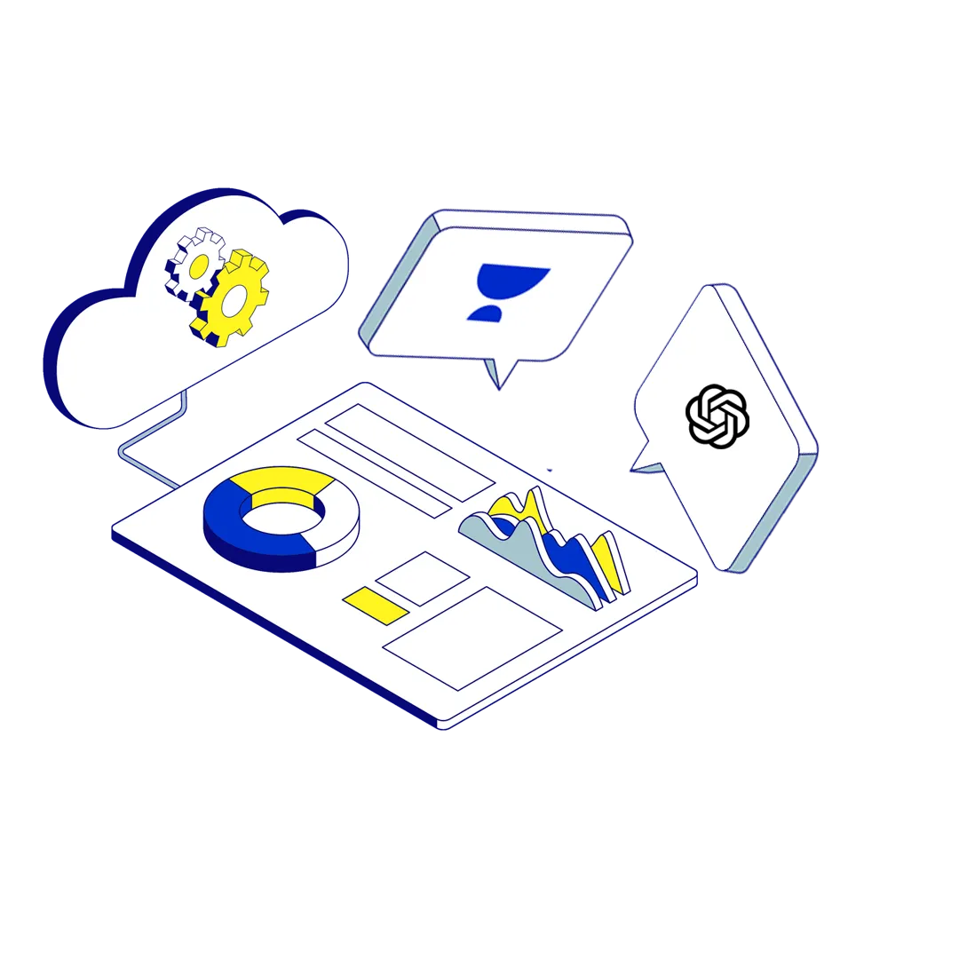Isometric illustration of analytics dashboard with pie chart, line graph, cloud with gears, and speech bubbles displaying chatbot and OpenAI logos.