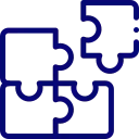 Four interconnected black puzzle pieces with blue outlines on a white background.