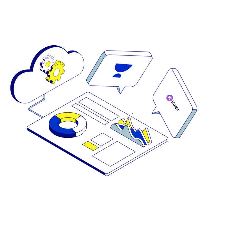 Isometric graphic showing a dashboard with charts and graphs linked to a cloud with gears and two speech bubbles, one with a logo and one with the text 'Kaspr'.