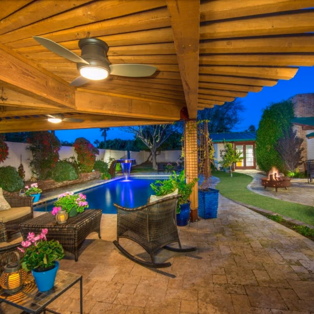 dusk underneath a custom shade structure