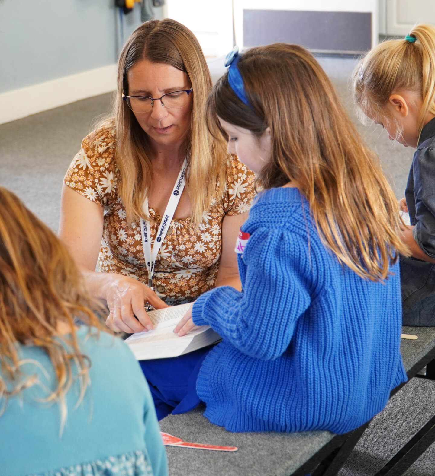 A Sunday school teacher giving a lesson to 1st-4th graders at Harvest Church in Arroyo Grande