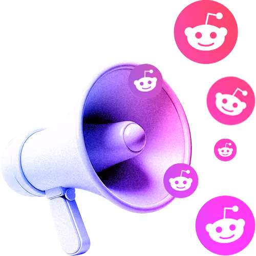 Stylized bullhorn with reddit logos emerging from the horn