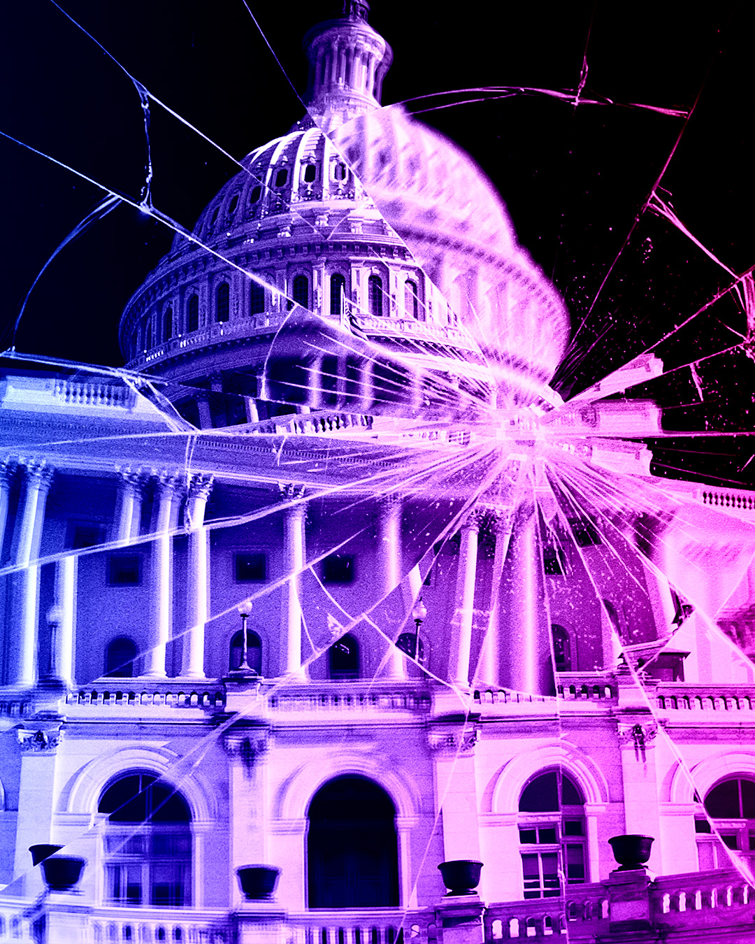 US Capitol Building behind shattered glass, representing distrust in American Government