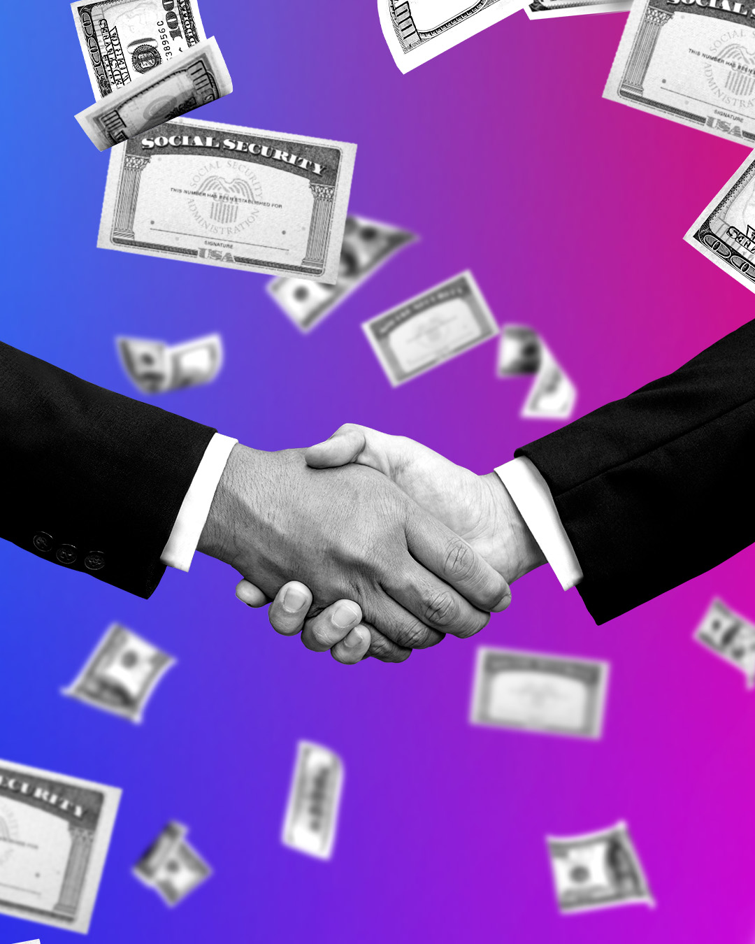 Two politicians shaking hands in front of money and social security cards, representing the Bipartisan Fiscal Commission