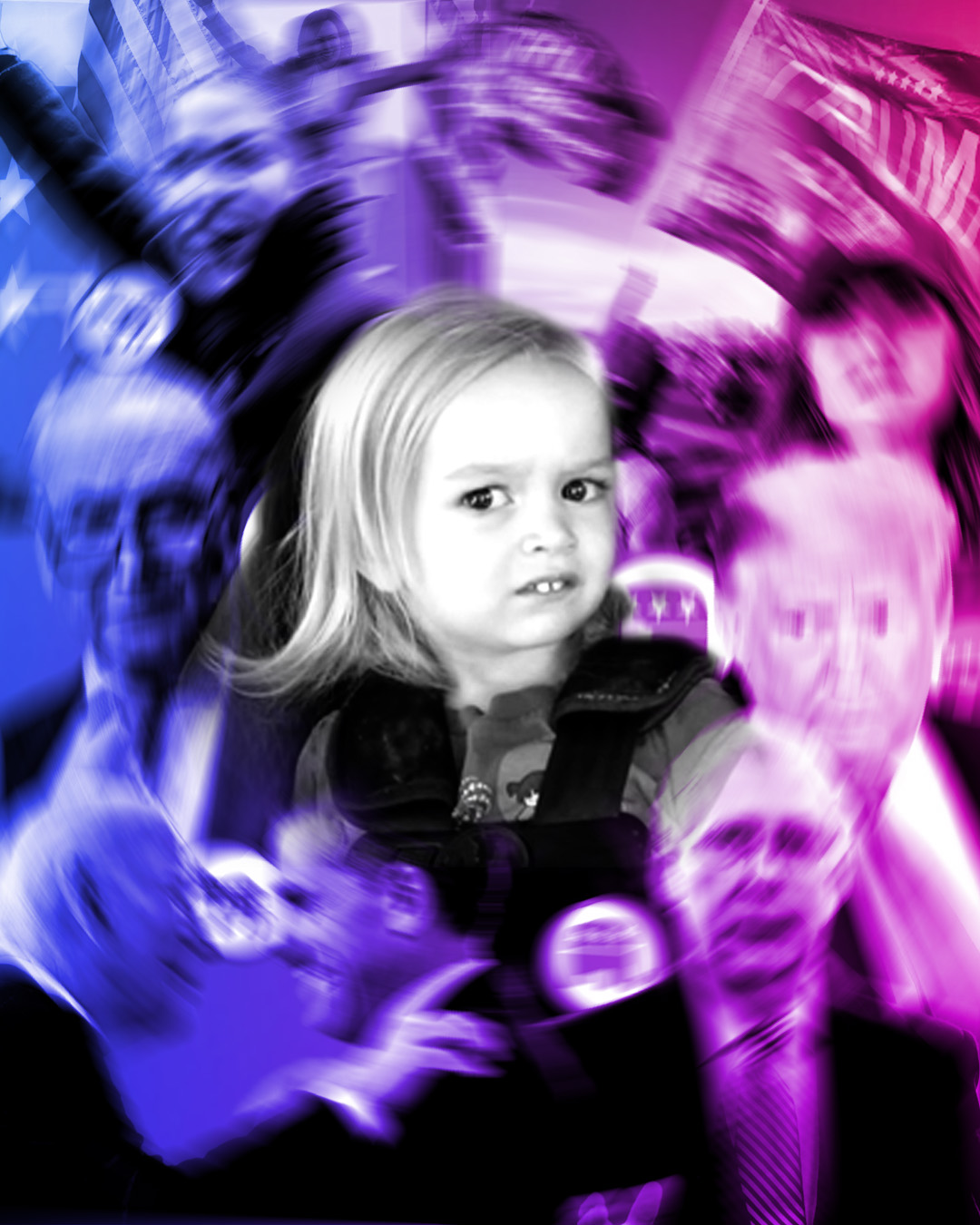 Side Eye Chloe meme surrounded by symbols of partisan politics in America, representing young voters' skepticism toward the two political parties