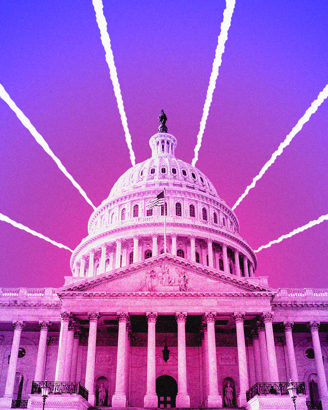 Capitol Building set in front of a purple gradient starburst pattern, representing Independents and the American Dream