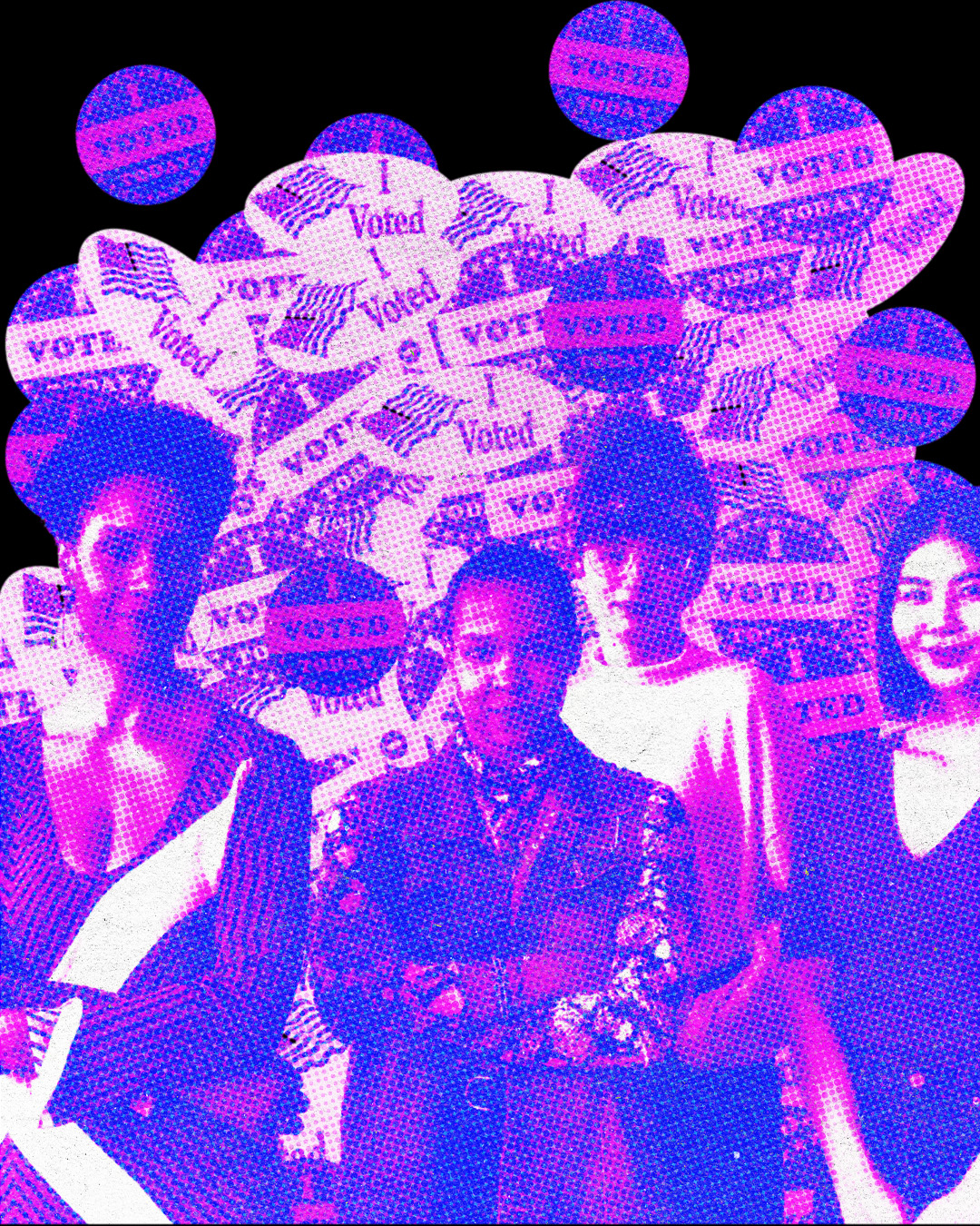 Young voters in front of a collage of "I Voted" stickers in a purple halftone