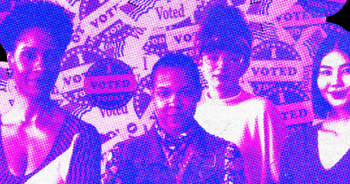 Young voters in front of a collage of "I Voted" stickers in a purple halftone