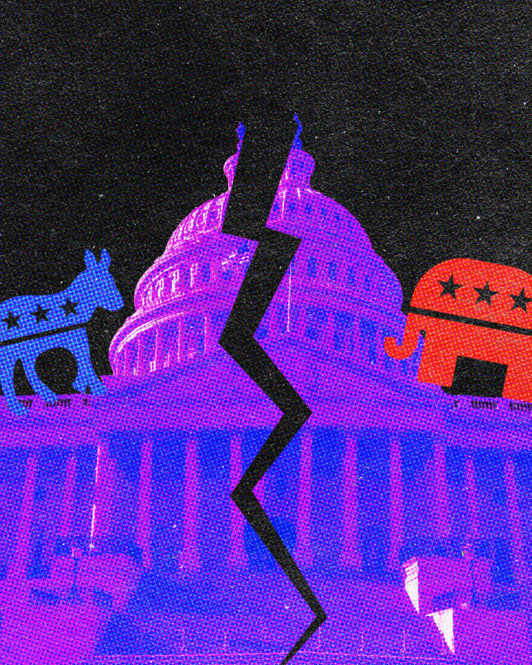 US Capitol building splitting in half, divided by Republicans and Democrats