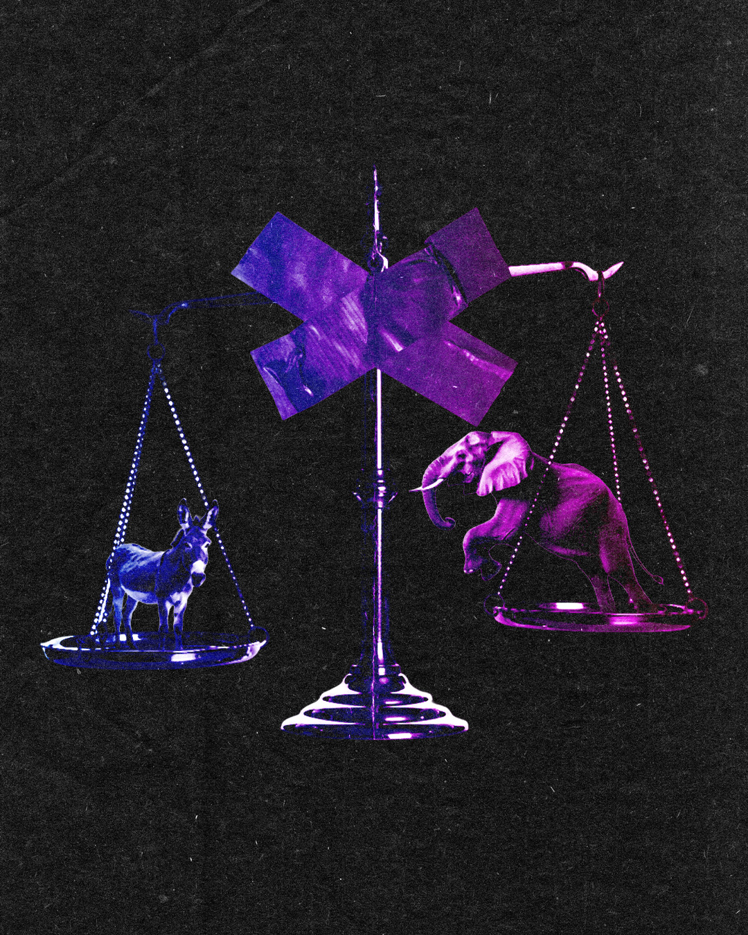 Broken scale with donkey and elephant on it representing the broken American political system