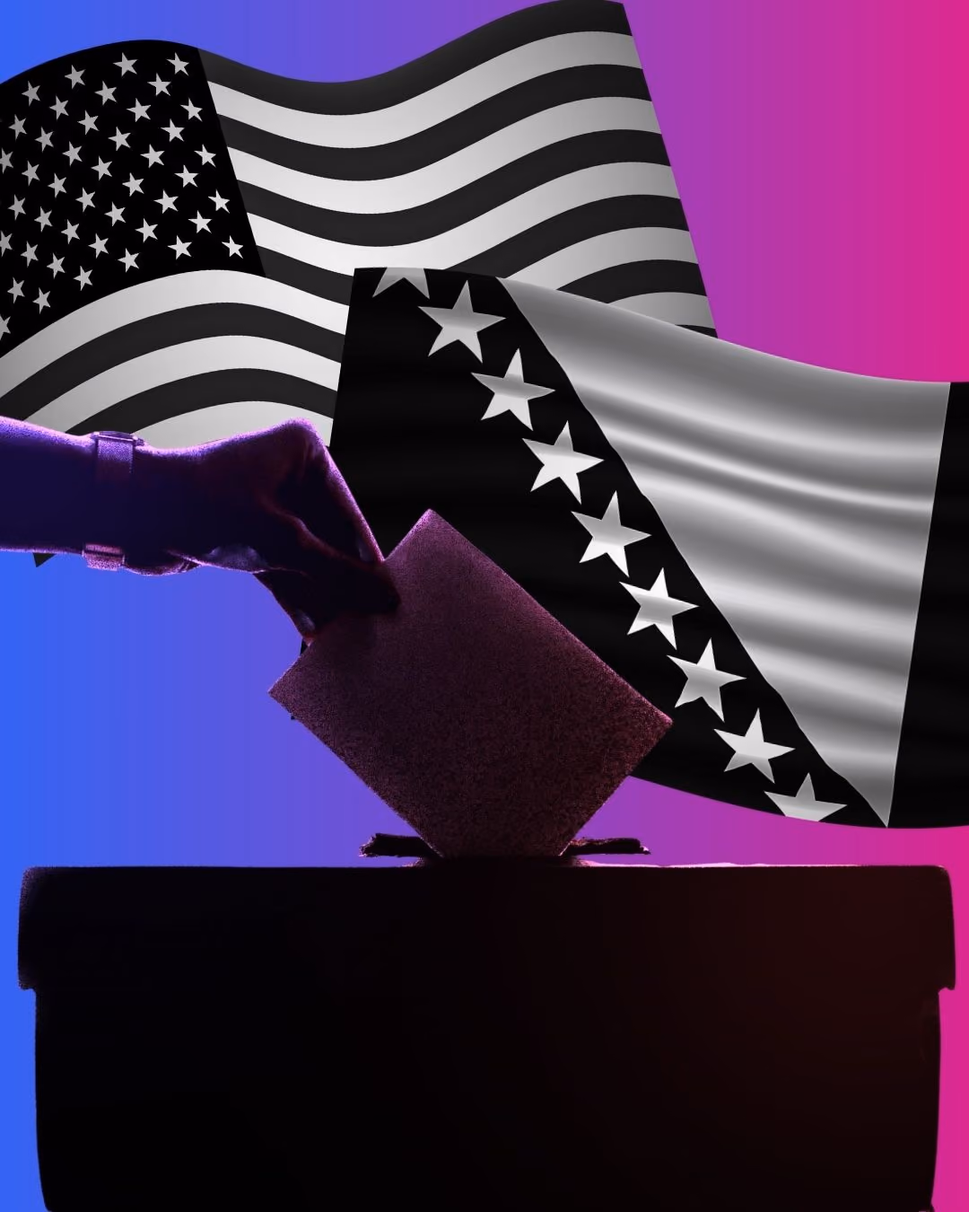 Ballot box with USA and Bosnian flags behind
