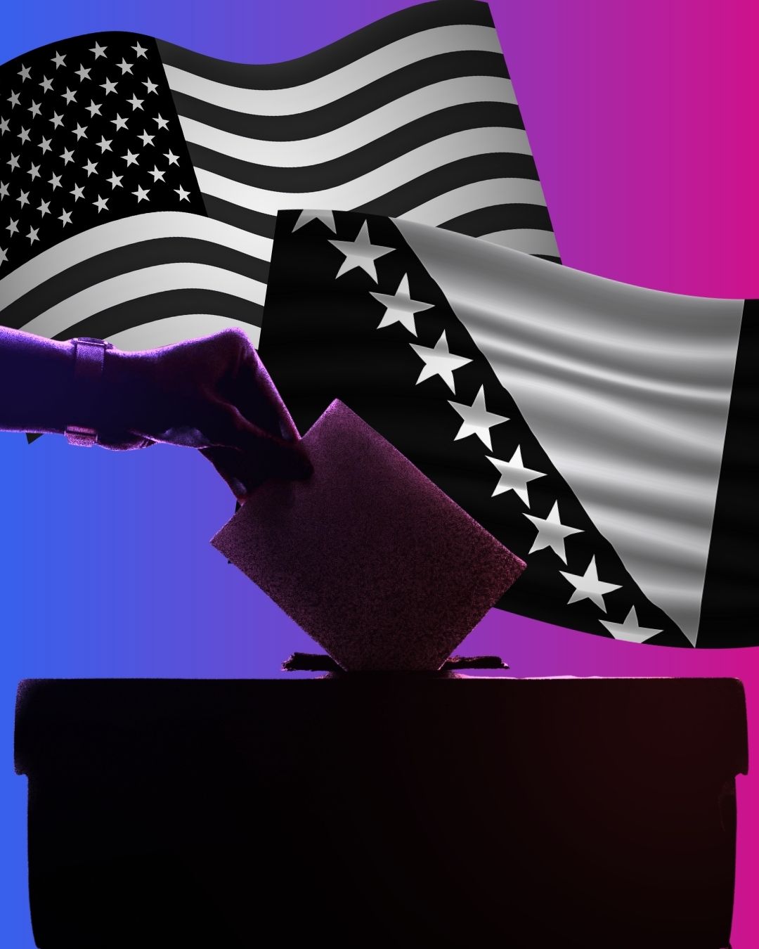 Ballot box with USA and Bosnian flags behind