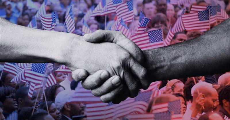 handshake over american flags
