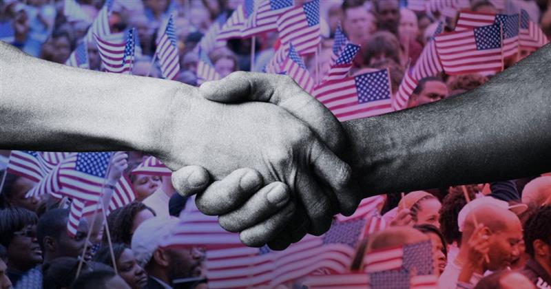 handshake over american flags