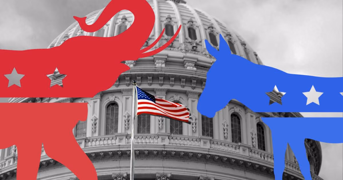 red elephant and blue donkey with american flag