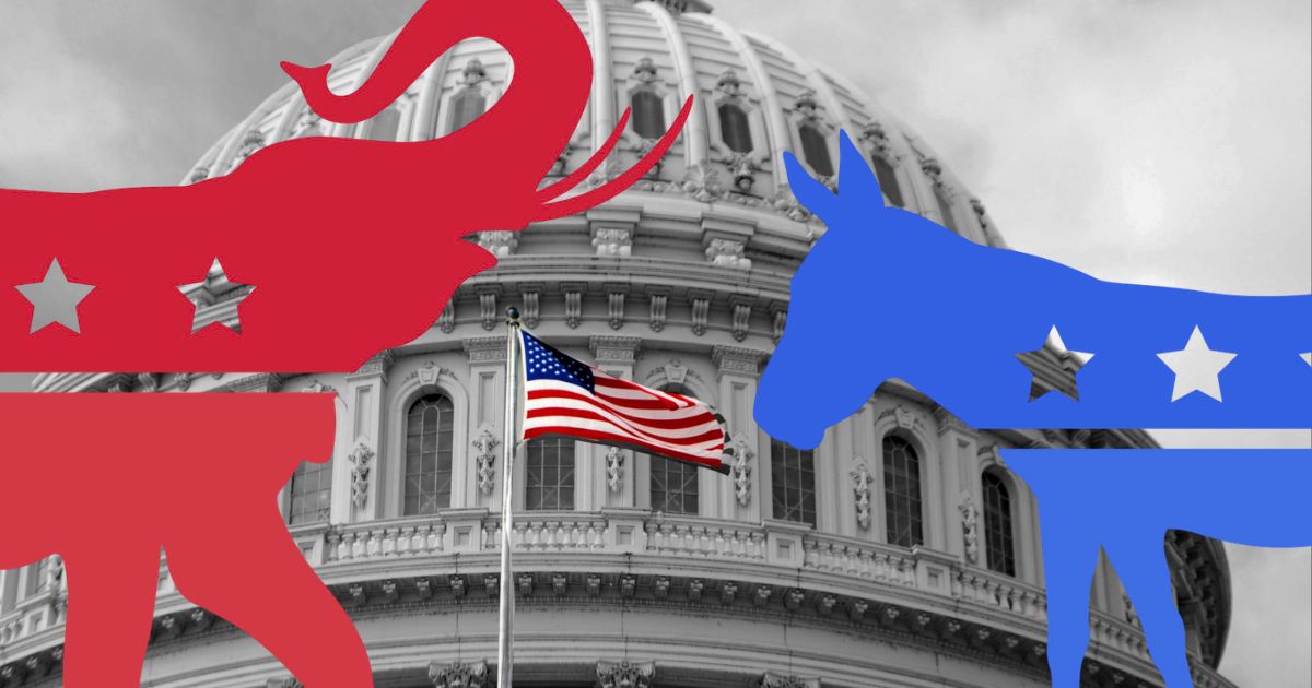 red elephant and blue donkey with american flag