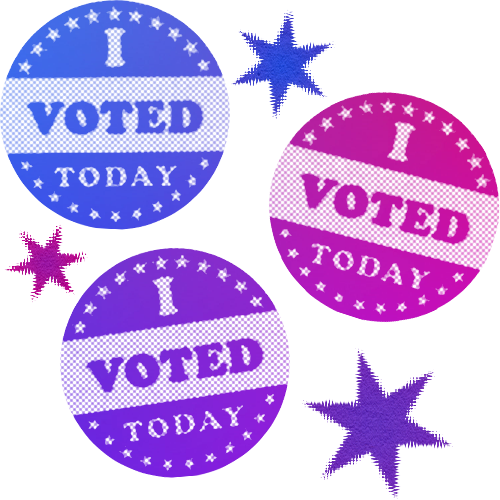 Three "I Voted Today" stickers in different colors representing different political parties