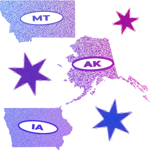 Outlines of US States Montana, Alaska, and Iowa surrounded by stars