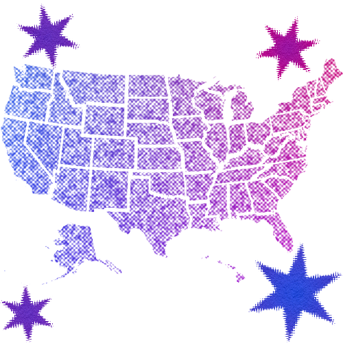 Outlines of US States Montana, Alaska, and Iowa surrounded by stars