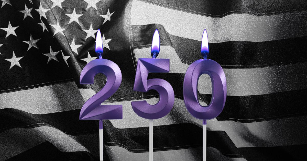 250th birthday candles with american flag behind