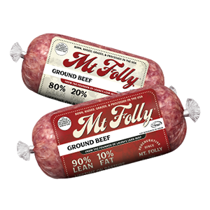 Two packages of Mt. Folly Ground Beef, one is 80-20 in a white label, the other is 90-10 in a red label