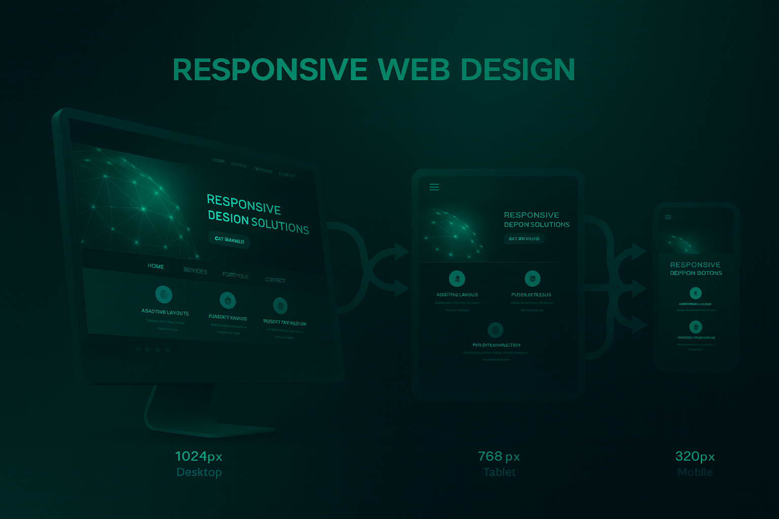 Responsive web design example showing how a website adapts to desktop, tablet, and mobile screen sizes