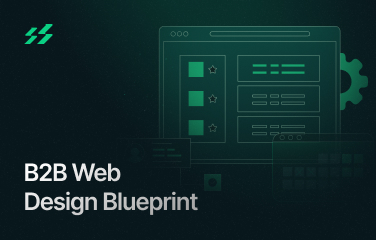 B2B web design blueprint guide showing website wireframe mockup on dark background with green accent text