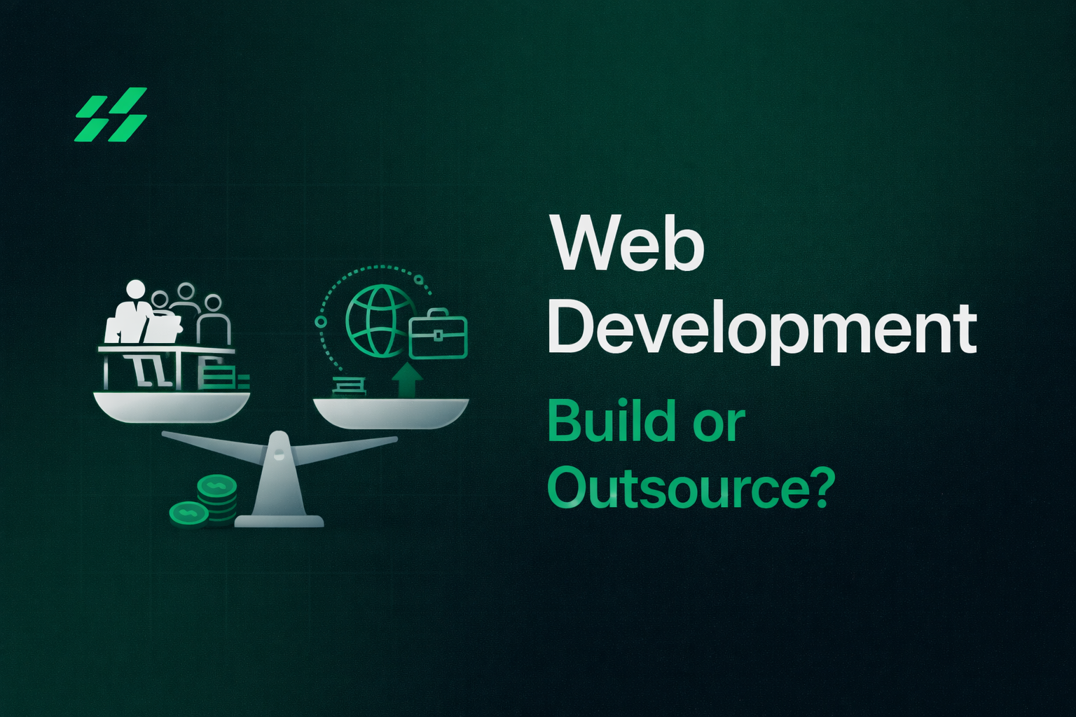 Web development build vs outsource decision scale illustration comparing in-house team and global outsourcing options