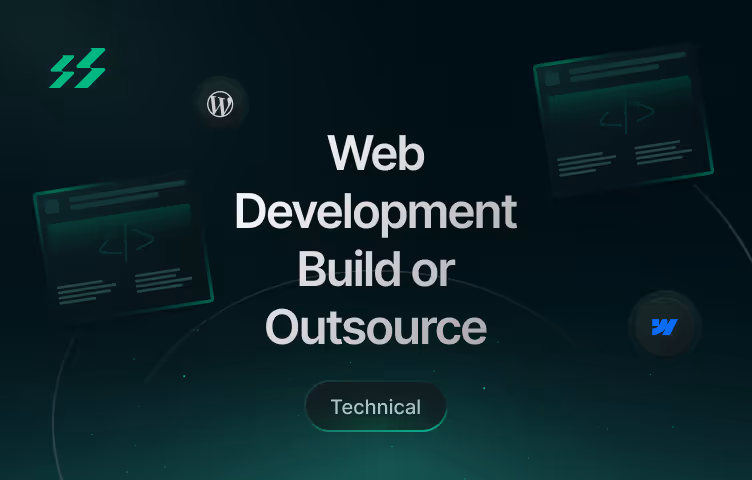 Web development build vs outsource decision scale illustration comparing in-house team and global outsourcing options