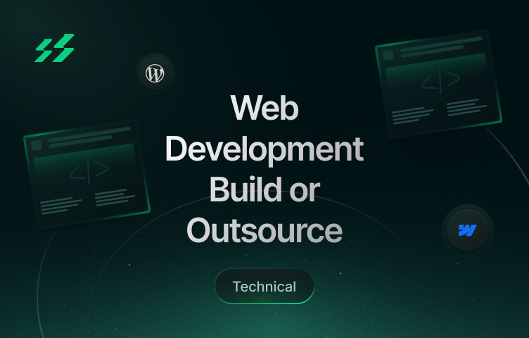 Web development build vs outsource decision scale illustration comparing in-house team and global outsourcing options